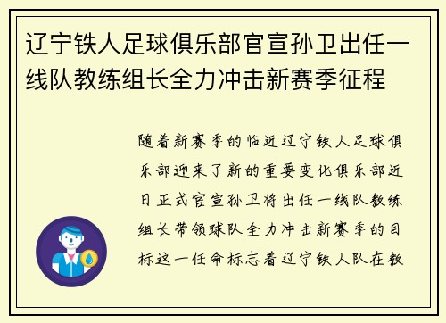 辽宁铁人足球俱乐部官宣孙卫出任一线队教练组长全力冲击新赛季征程 辽宁铁人足球俱乐部官宣孙卫出任一线队教练组长全力冲击新赛季征程